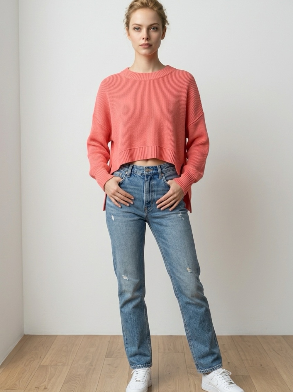 Free People Coral Ribbed Crewneck Cropped Sweater